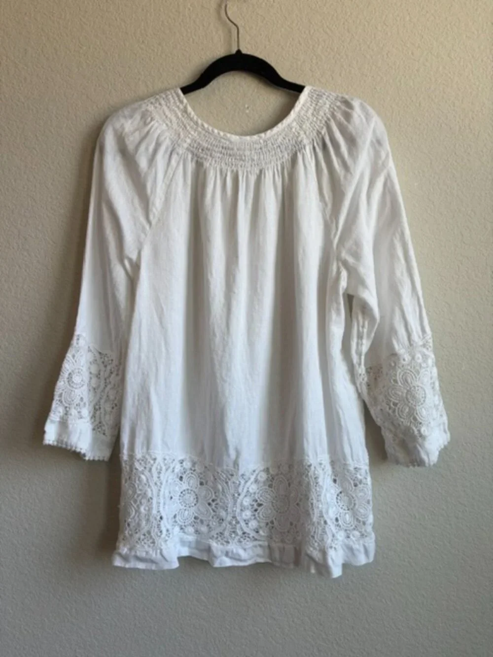 Charter Club Weekend Women's White 100% Linen Lace Trim Blouse XL Boho Coastal